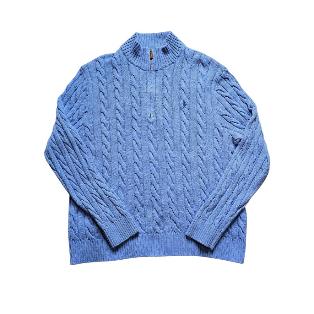 Polo Ralph Lauren Cable Knit Quarter Zip Sweater Mens XXL Blue Cotton Preppy